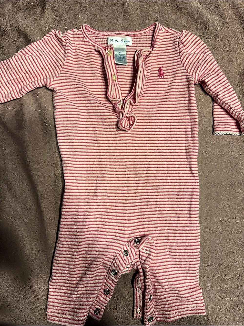 Ralph Lauren Baby Girl Striped Ruffle Cotton Romper Pink & White 3M